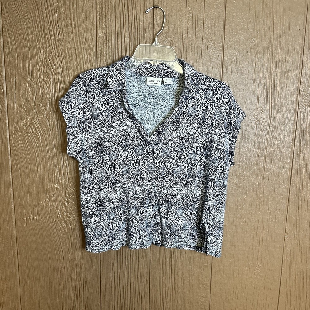 Rachel Zoe‎ Top Womens Large Navy Blue Floral 100% Linen Pullover Beachy Preppy